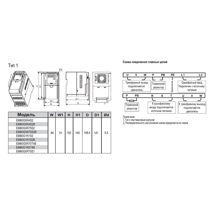 EM60G0R75T4B 0,75 кВт 380В/3F частотный преобразователь